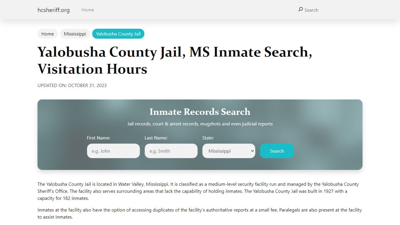 Yalobusha County Jail, MS Inmate Search, Visitation Hours